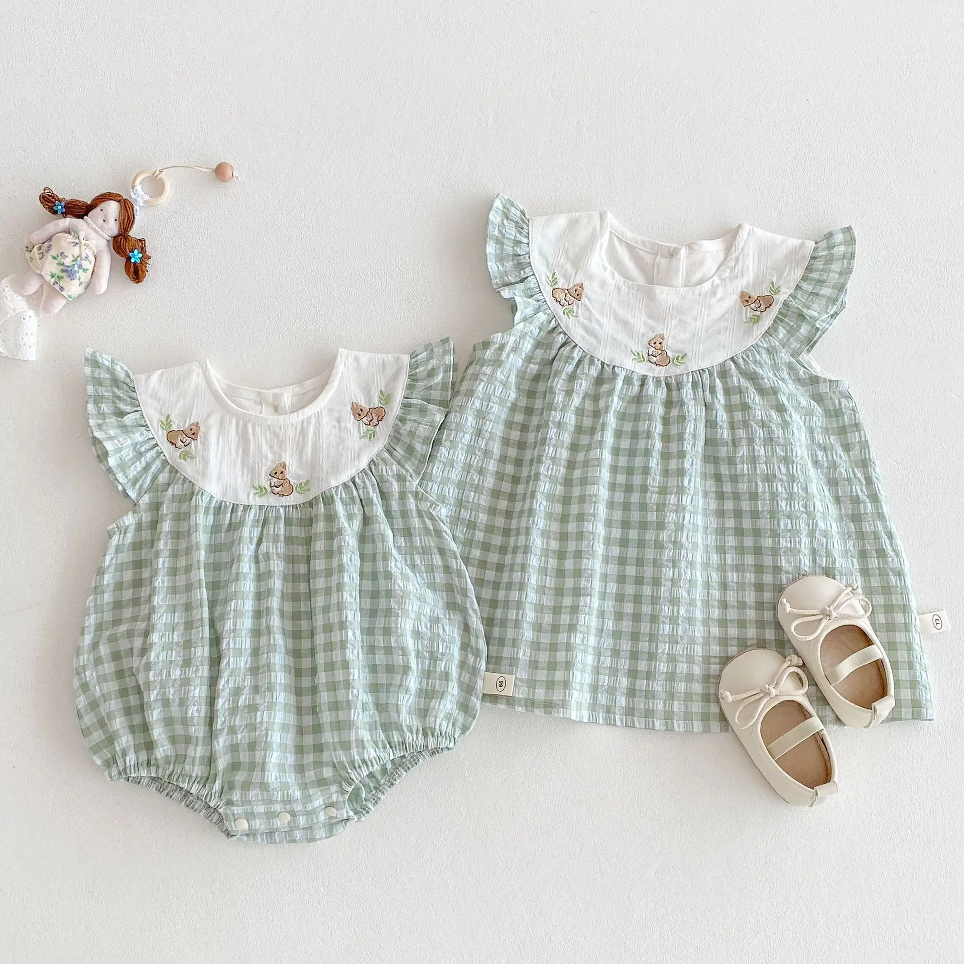 Cute Summer Plaid Baby Dress with Bunny Embroidery
