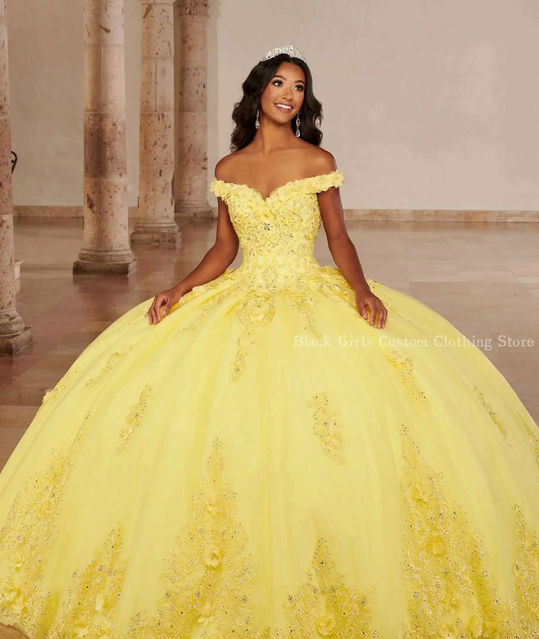 Bright Yellow Princess Quinceanera Dresses Gorgeous One Shoulder 3D Applique Corset 15 Years Mexico Customised vestidos