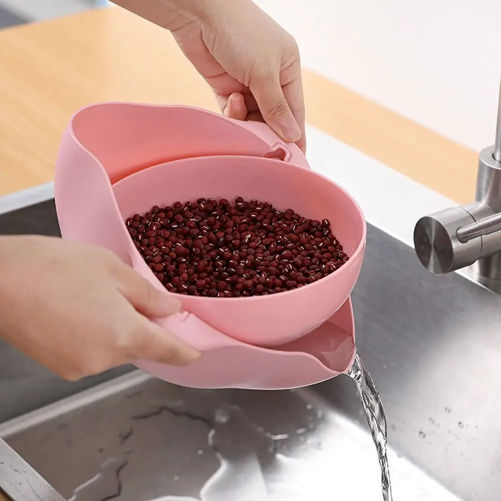 Double Layer Vegetable Drain Basket Kitchen Gadgets Green Blue Pink Rice Washing Bowl with Handle Sink Rotatable Drainer