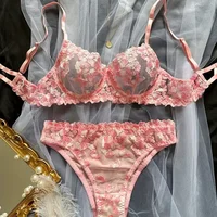 New Women Sexy Bra  Breathable Girly Multi-color Erotic Lingerie French Flower Embroidery See-through Embroidery Underwear Sets 3