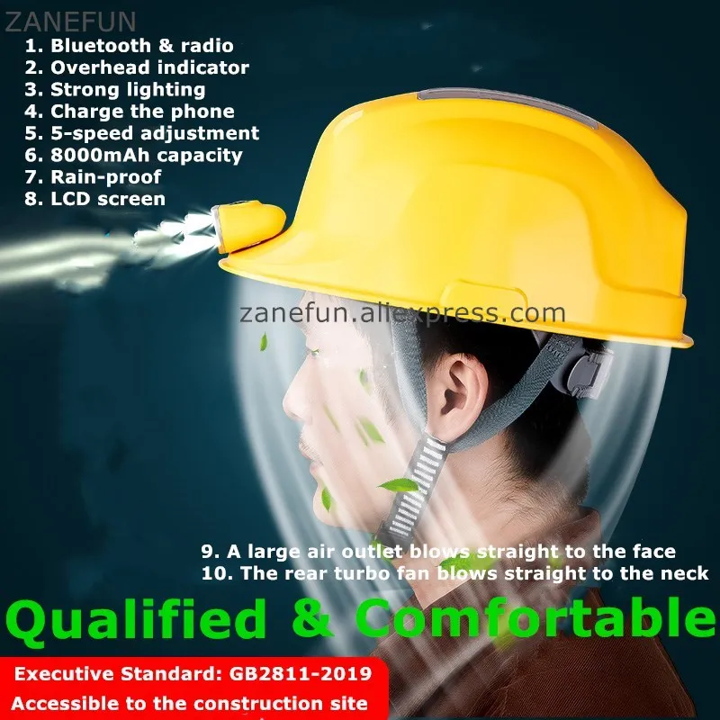 Solar Safety Helmet With 2 Fans Bluetooth FM LED Headlight 8000mAh Power Bank Compass Construction Helmet work Safety