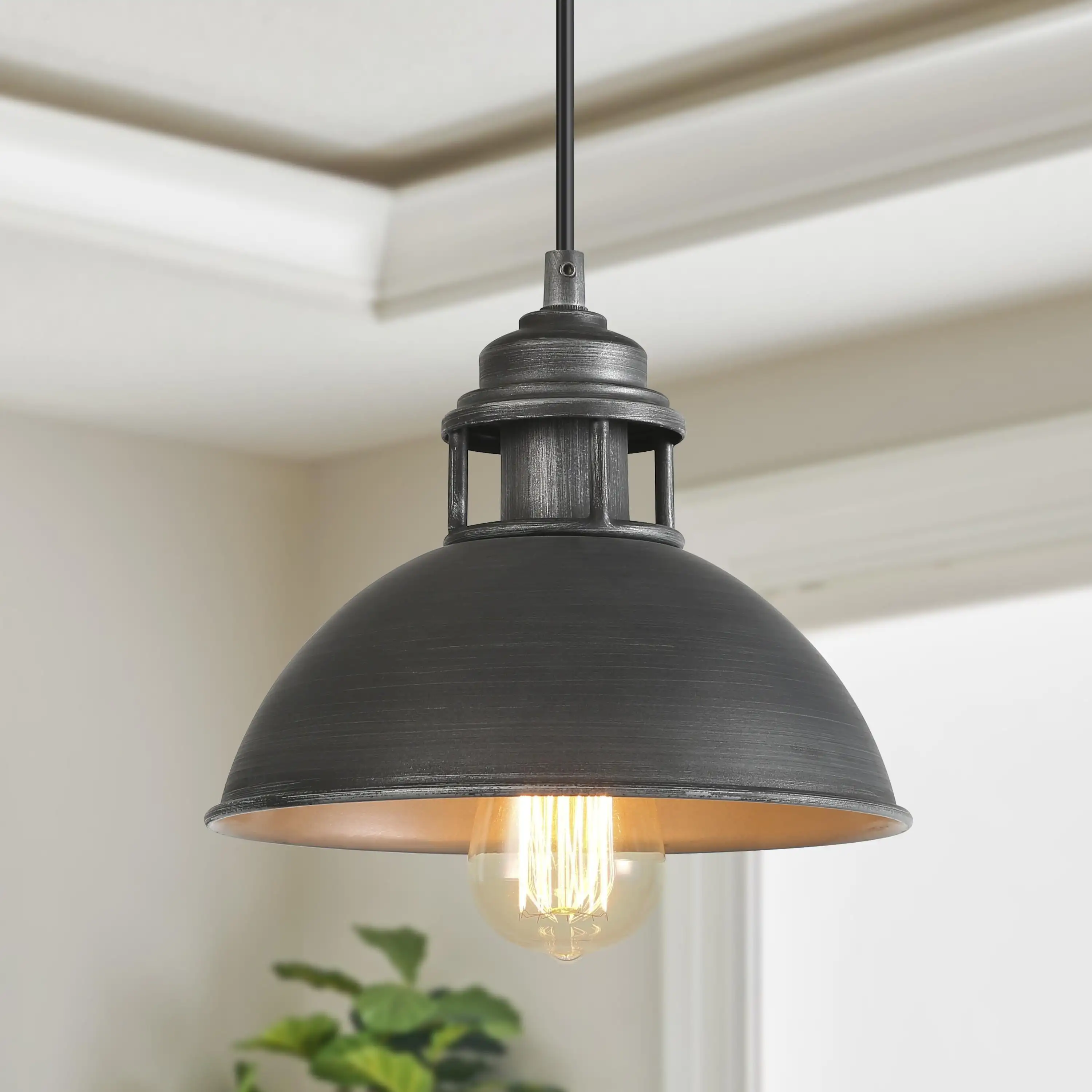 

1-Light Matte Black and Brushed Grey Farmhouse Dome LED Mini Kitchen Island Light,Chandeliers Light for Dining Room