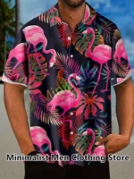 2023 Leaf and Flamingo Print Shirt For Men Hawaiian Casual Beach Short Sleeve Fashion Tops Male Blouse Summer Clothing 1