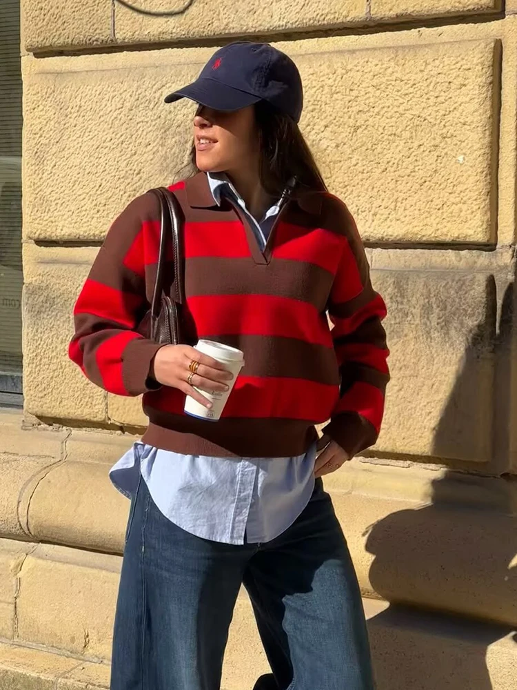 2025 Autumn High Street Chic Women Fashion Striped Knitted Sweater Women Long Sleeve Vintage Style Casual Pullover Tops