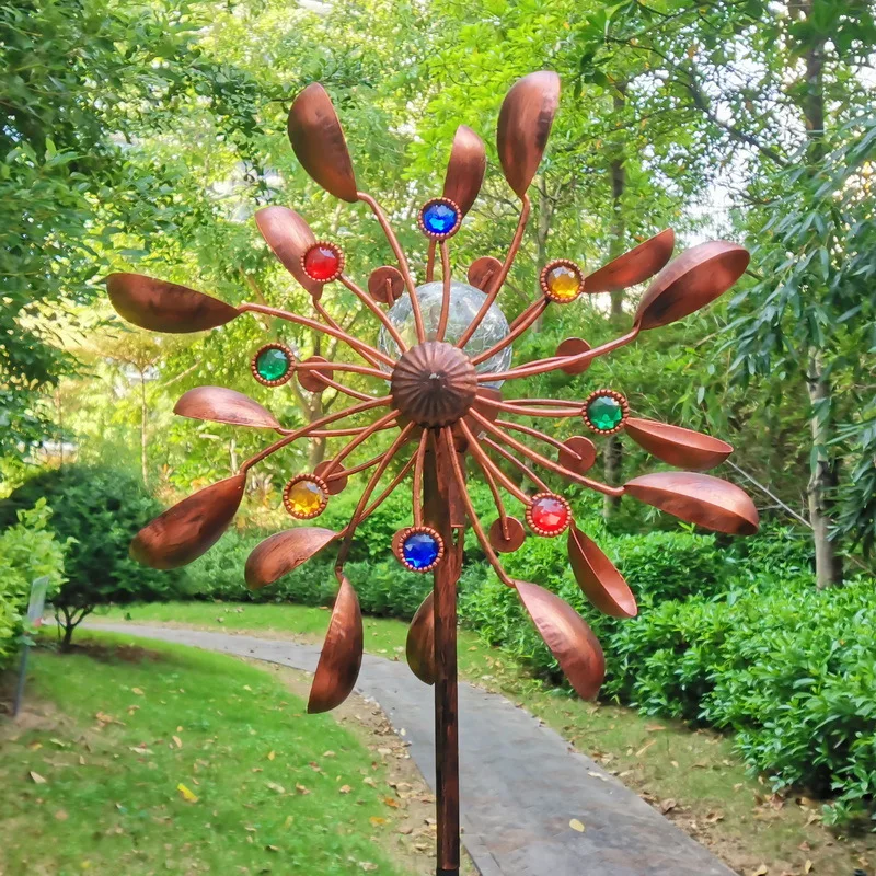 Garden Solar Powered Wind Spinners Glass Iron Windmill Solar Powered Bronze Metal Art Craft Garden Yard Landscape Decoration
