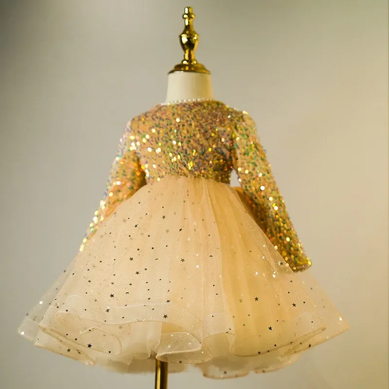 

Baby Gold Sequined Flower Girl dress Kids for Christmas Tutu Children wedding Party Birthday Dress Evening Ball Gown Clothes
