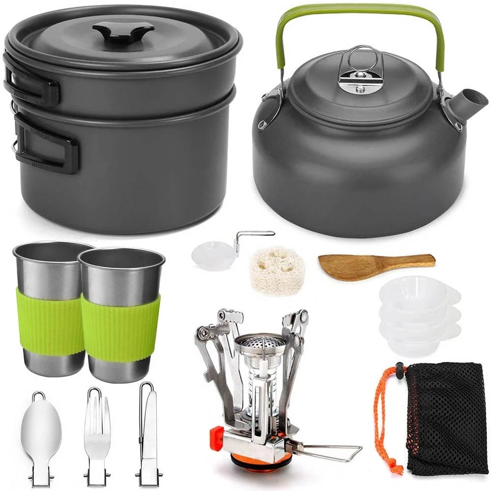 

Camping Cooker Set Cookware Kit Outdoor Pot Pan Stove Kettle Cups Tableware Tourist Dishes Nature Hike Equipment