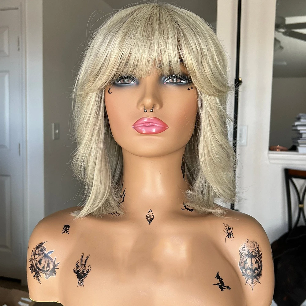 Platinum Blonde Bob Cut Hair Synethetic Lace Front Wig Lace Free Bang Wig 180 Density 14" Heat Resistant Short for Women