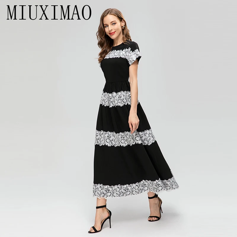 

MIUXIMAO 2023 Elegant and Pretty Women's Dresses O-neck Fashion Retro Lace Long Dress Women Slim Black Female Dress