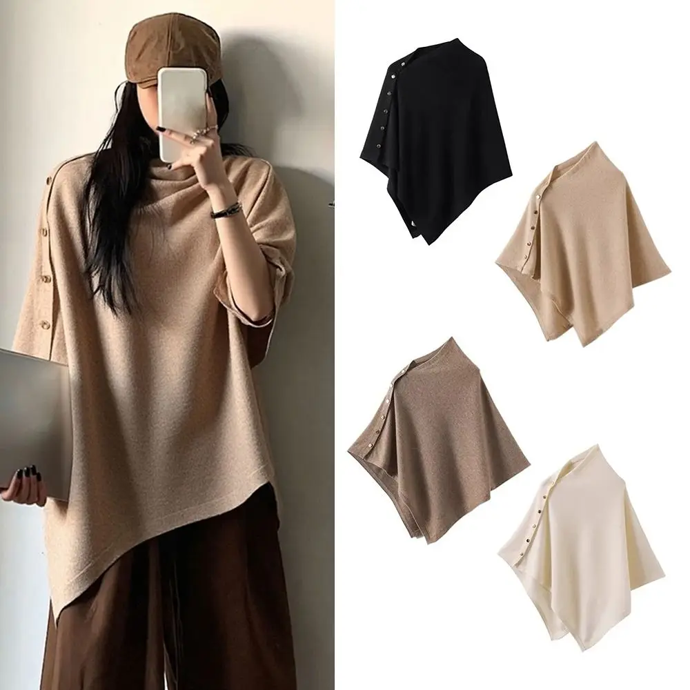 New Autumn Winter Pashmina Shawl with Button Casual Irregular Knitted Thick Warm Poncho Fashion Shoulder Top Sweater Shawl Scarf
