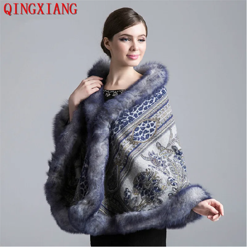 

Fashion High Quality Real Fox Fur Poncho Winter Cloak Big Pendulum Printed Warm Shawl Coat Cashmere Loose Outstreet Wear Capes