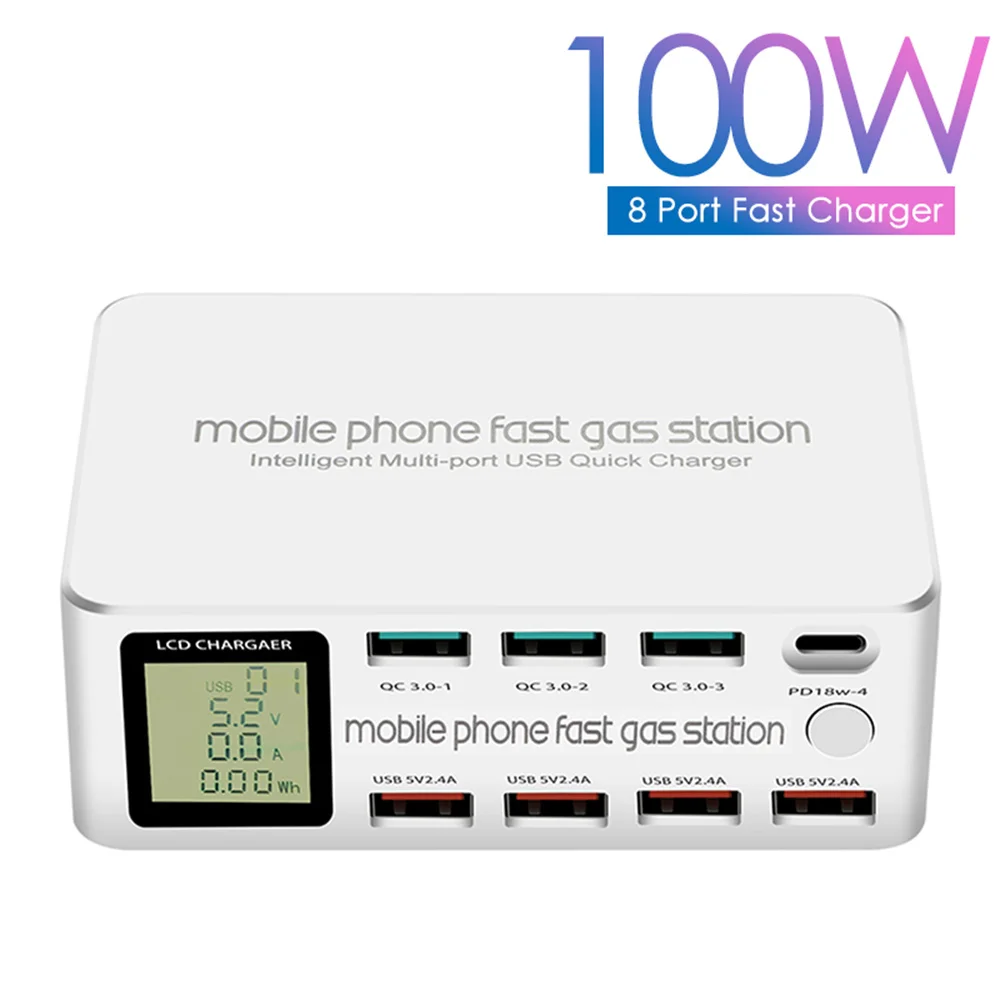 

8 Ports USB Fast Charger Quick Charge QC3.0 PD3.0 Multi USB Charging Station LCD Digital Display Fast Charger for iphone Android