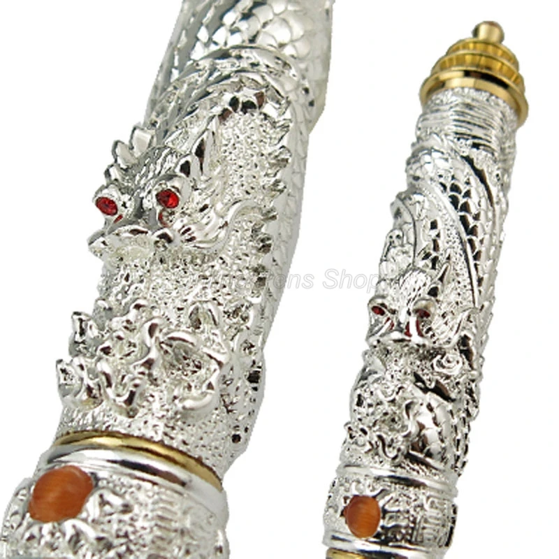 Jinhao Silver Tower Cap Small Double Dragon Playing Pearl Heavy Stilografica Penna Piegata/Fine Nib Cancelleria Professionale Per Ufficio