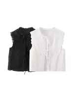 Women's Lace Embroidery Blouses, O Neck, Sleeveless, Front Tied, Female Shirts, Chic Tops, Fashion