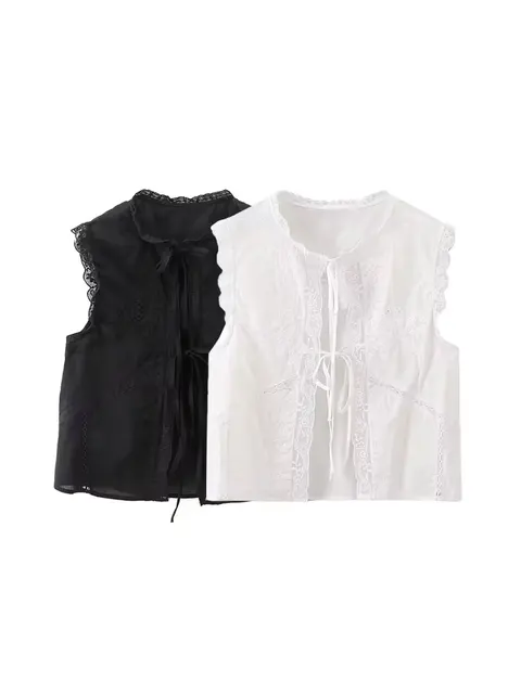 Women's Lace Embroidery Blouses, O Neck, Sleeveless, Front Tied, Female Shirts, Chic Tops, Fashion