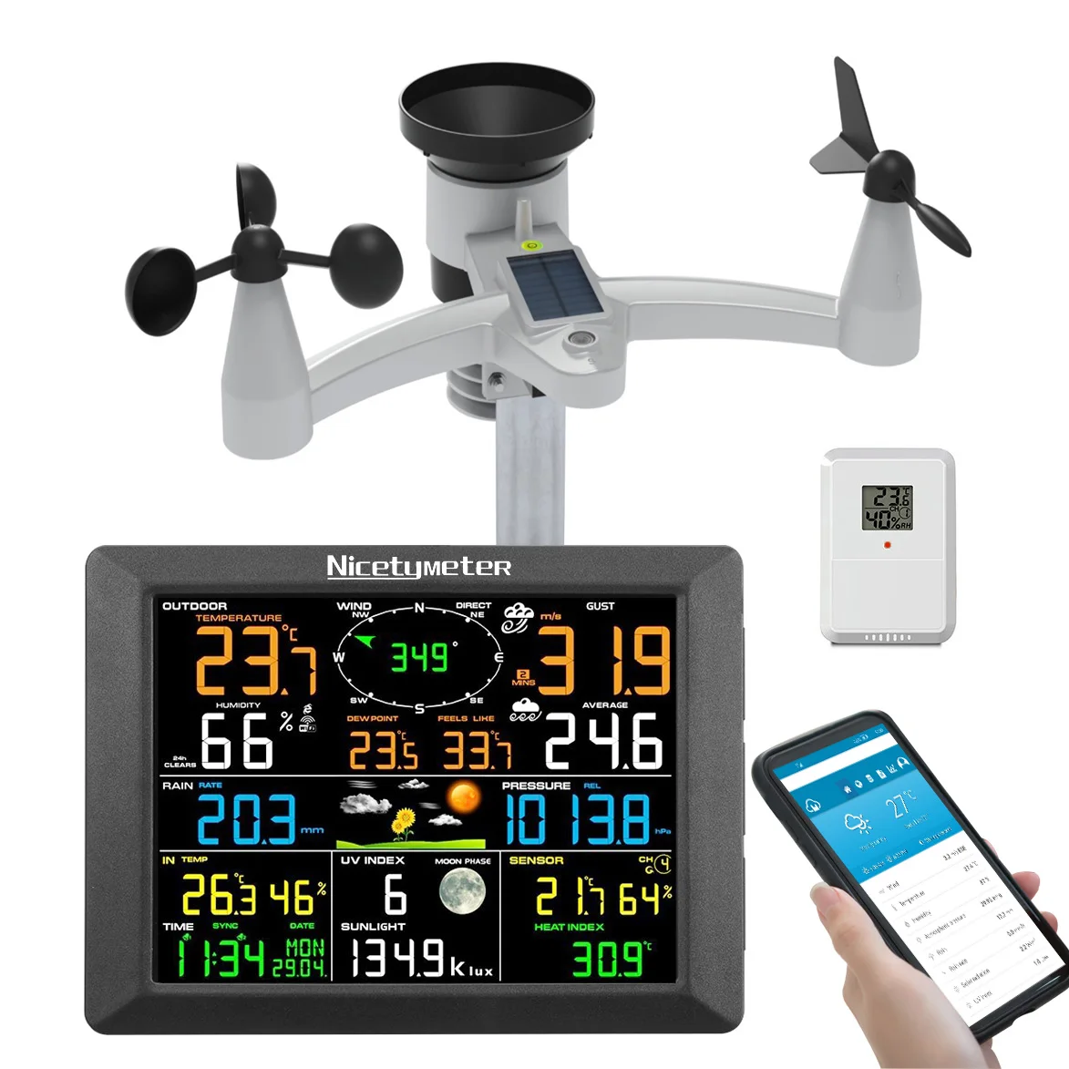 Nicetymeter 7in1 Wifi Weather Station Solar Indoor Outdoor Remote
