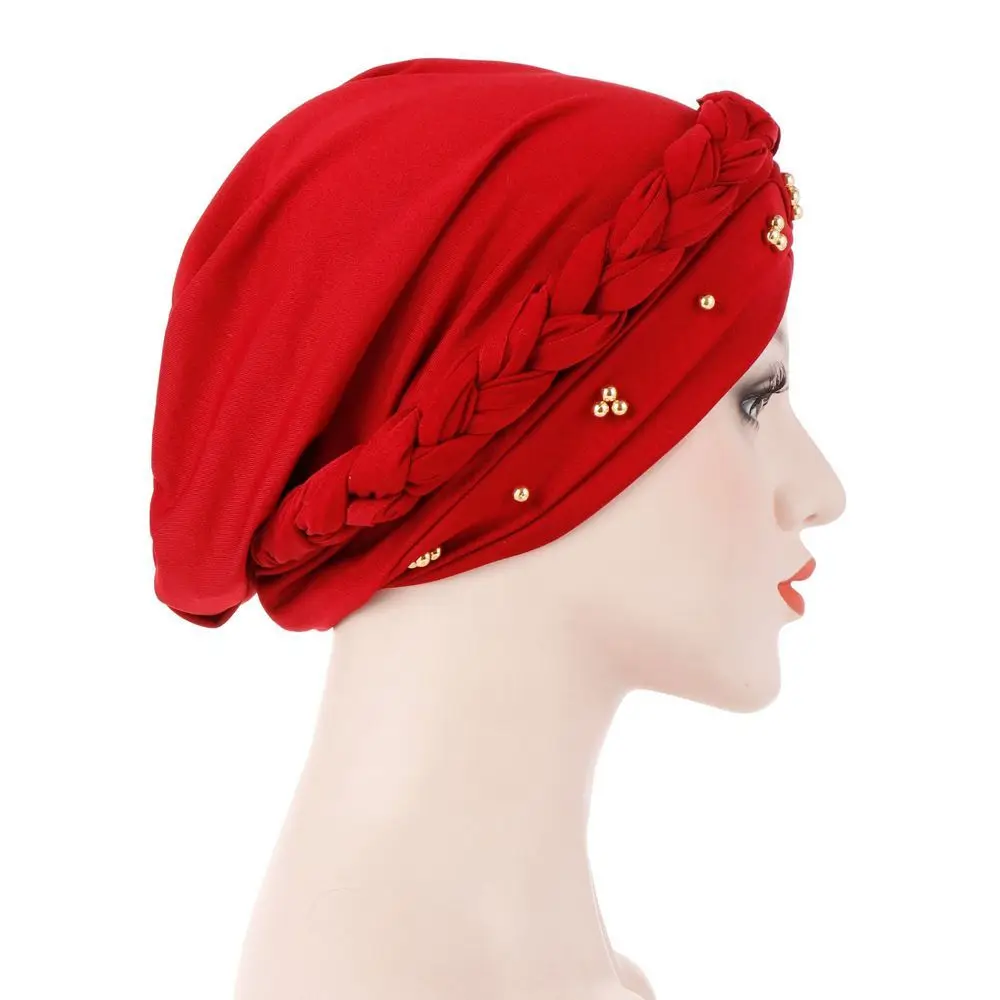 

Elegant Elastic Solid Color Beaded Bonnet Twisted Braid Head Wraps Turban Hat Women African Wrap Muslim Hijab