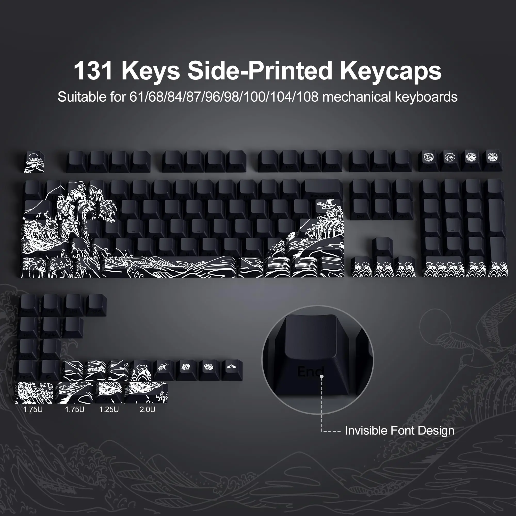 

PBT Dye Sub Shine Through Keycap 131 Keys Side Print Keycaps Cherry Profile Double Shot Key caps for MX Switches Gamer Keyboards