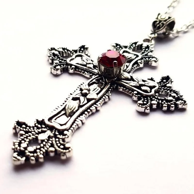 Gothic Black Red Ruby Cross Pendant Necklace for Women Vintage European and American Retro Simple Choker Fashion Jewelry Gifts