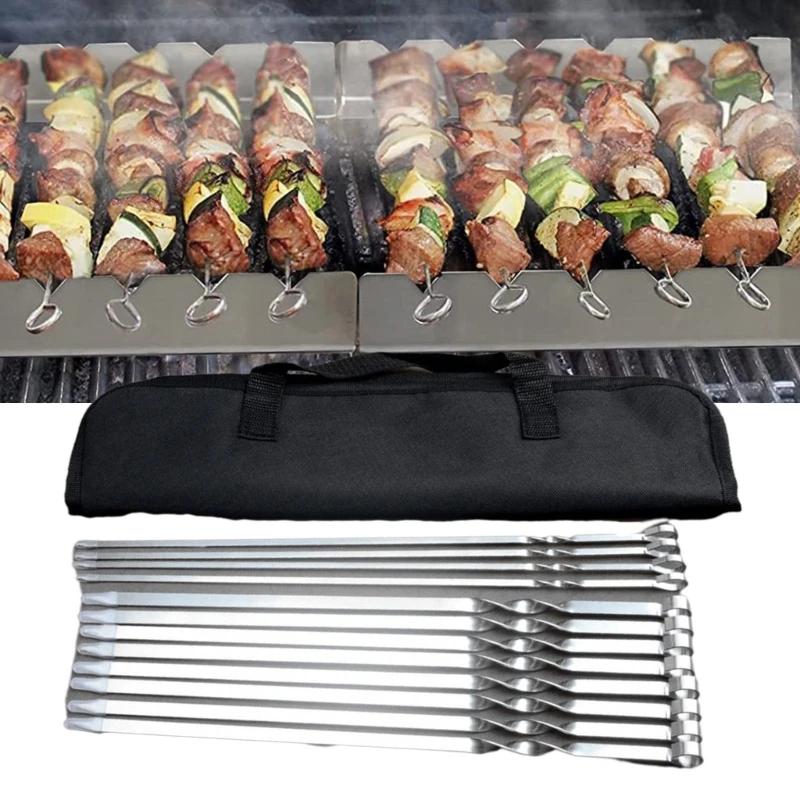 Set of 12 Stainless Steel Grilling Skewers Barbecue Skewers Outdoor Cooking Picnics