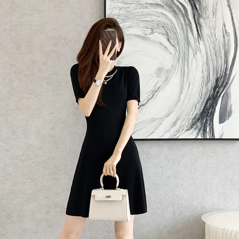 

Knitted Sweater Dress Women 2022 Summer New Slim A Line Beading Ice Silk Black Solid High Waist Knit Dresses Vestidos XC067