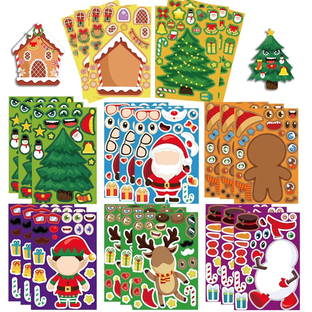 8/16Sheets Children DIY Puzzle Sticker Santa Christmas Make-a-Face Assemble Jigsaw Stickers Kids Educational Toy Boys Girls Gift