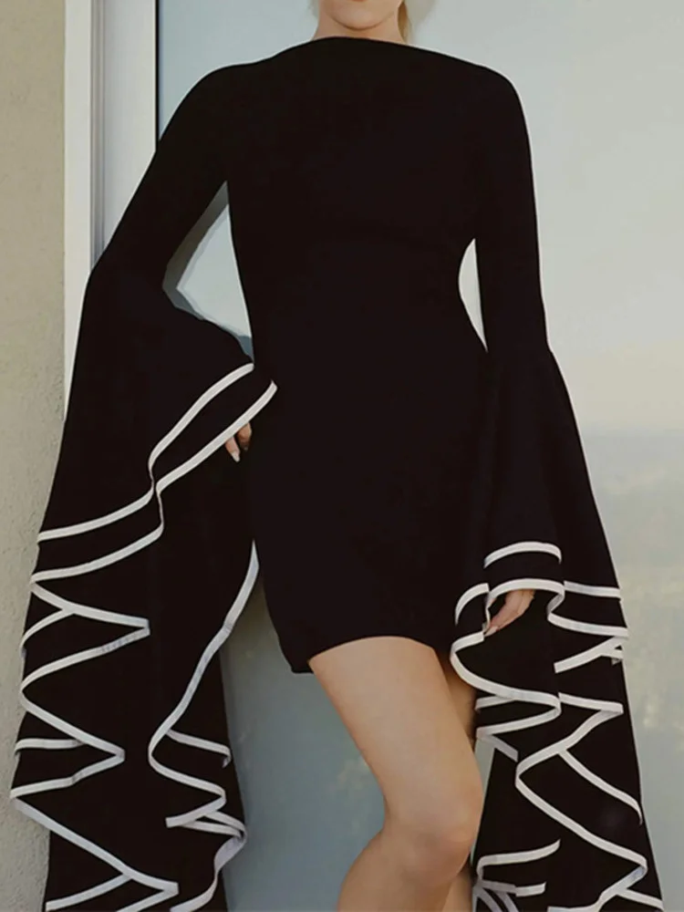 

Модное женское вечернее платье с воротником-стойкой, облегающие платья контрастных цветов с большими рукавами в виде листьев лотоса, Новинка осени 2023, O477