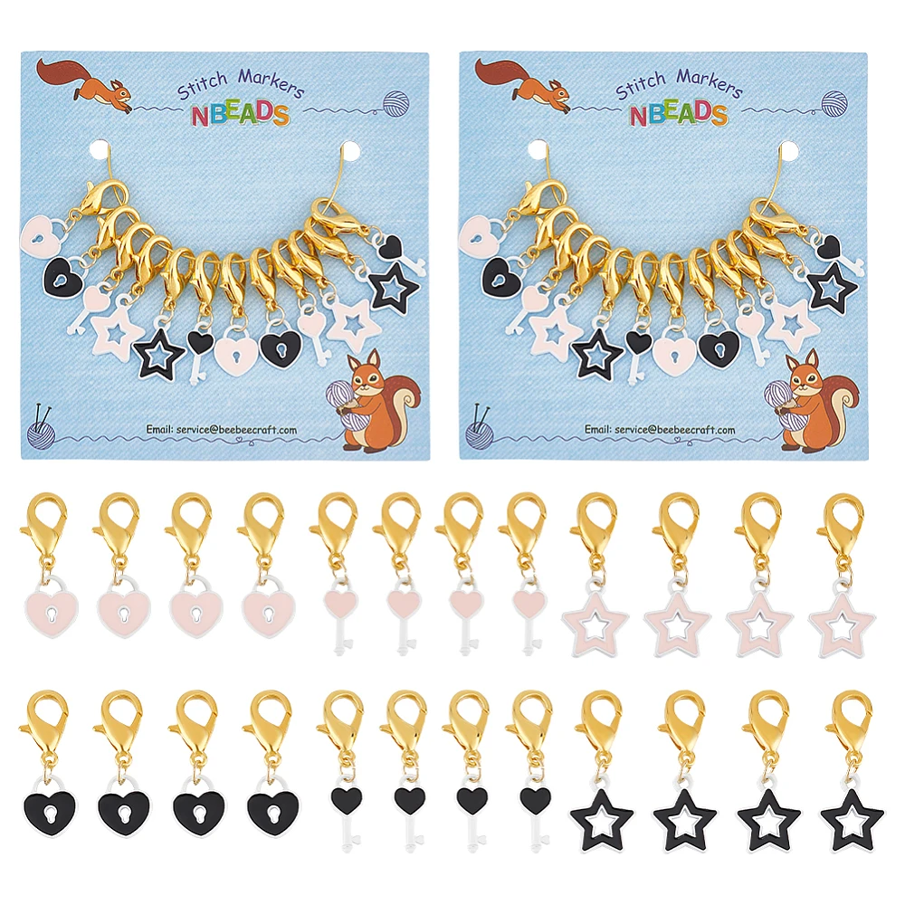 

24PCS Spray Painted Alloy Enamel Locking Stitch Markers with Zinc Alloy Lobster Claw Clasps Stitch Marker Star/Heart Key & Lock