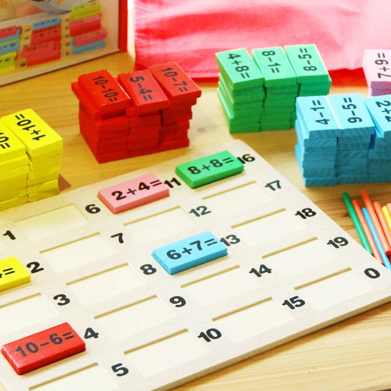 Kids Child Wooden Math Toys Multicolour Mathematics Math Domino Blocks Early Learning Toy Sets for Children Educational