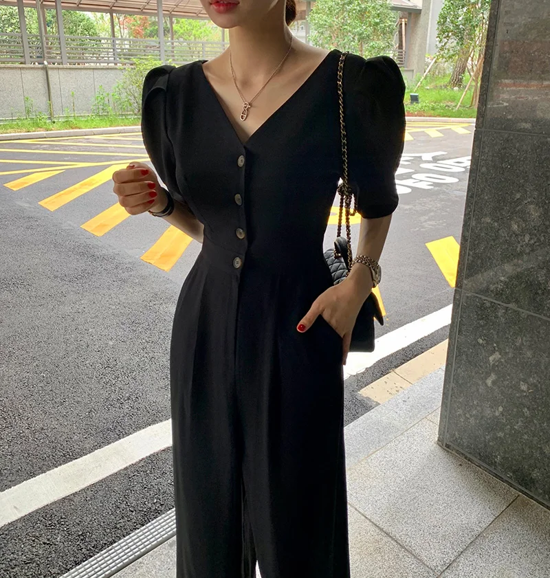 

2023 Elegant New Summer Women V-Neck Puff Sleeve Wide Leg Jumpsuits Korea Vintage Office OL Slim Waist Playsuits Overalls
