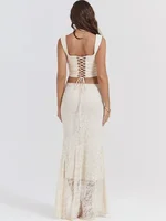 Suninheart Elegant Women 2 Piece Dress Set 2023 Maxi Wedding Guest Dress Lace Up Crop Top and Maxi Skirt Set Formal Event Dress - Image 4