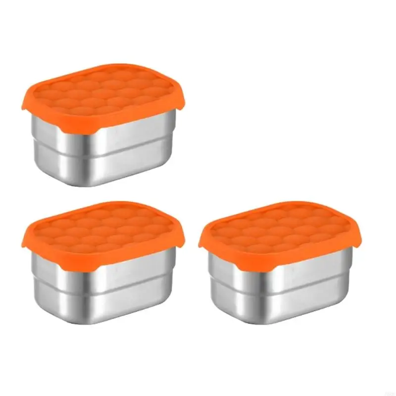 J60C 3 Pieces Stainless Steel Lunch Container Child Friendly Stainless Steel Lunch Box with Lid For Or Snacks