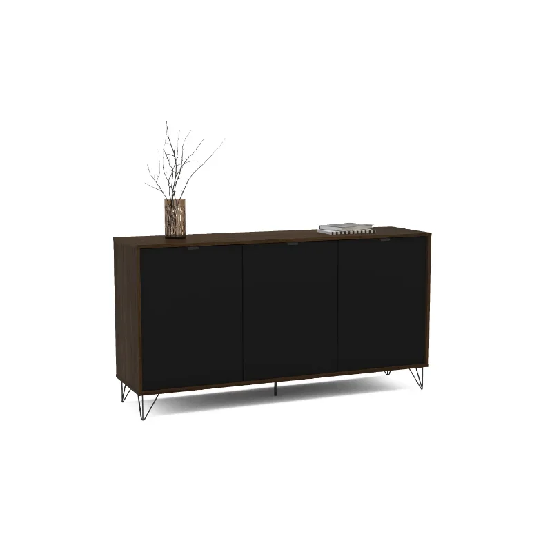 Polifurniture Montreal 59 in. Sideboard with 3 Doors, Black & Dark Brown Finish sideboard Dining Room Furniture