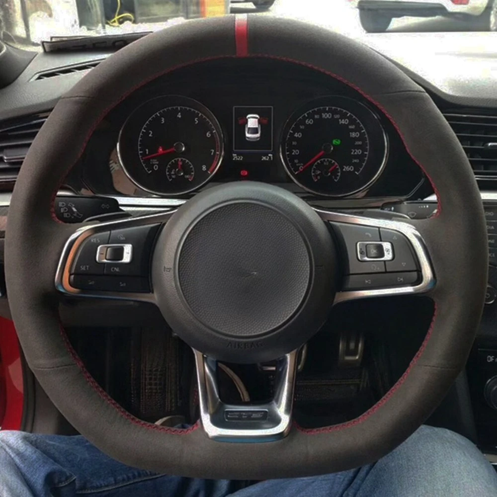 

Car Steering Wheel Cover Hand-stitched Non-slip Black Suede For Volkswagen Golf 7 GTI Golf R MK7 VW Polo GTI Scirocco 2015 2016