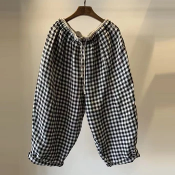 Pantaloni alla caviglia larghi in vita elastica da donna stile primavera estate Pantaloni Harem scozzesi in cotone e lino casual abbinati di alta qualità 1