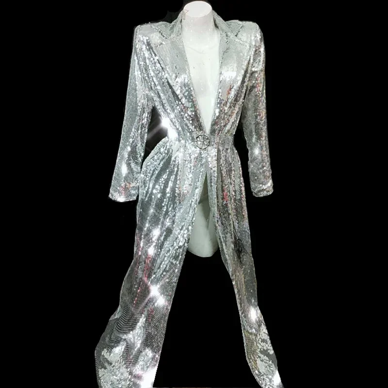 

Women Sparkly Sequins Coat Female Singer DJ Stage Show Silver Jacket Cloak Open Stitch Ds Performance Costume