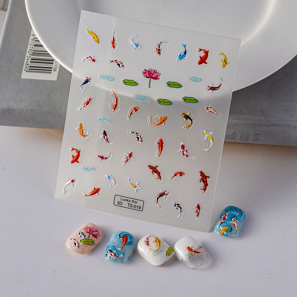 5D Koi Karpfen Nagel Aufkleber Grün Lotus Kawaii Roter Karpfen Nagelschieber für Maniküre Relief DIY Acryl Nägel Fisch Zubehör Aufkleber – Detail 1