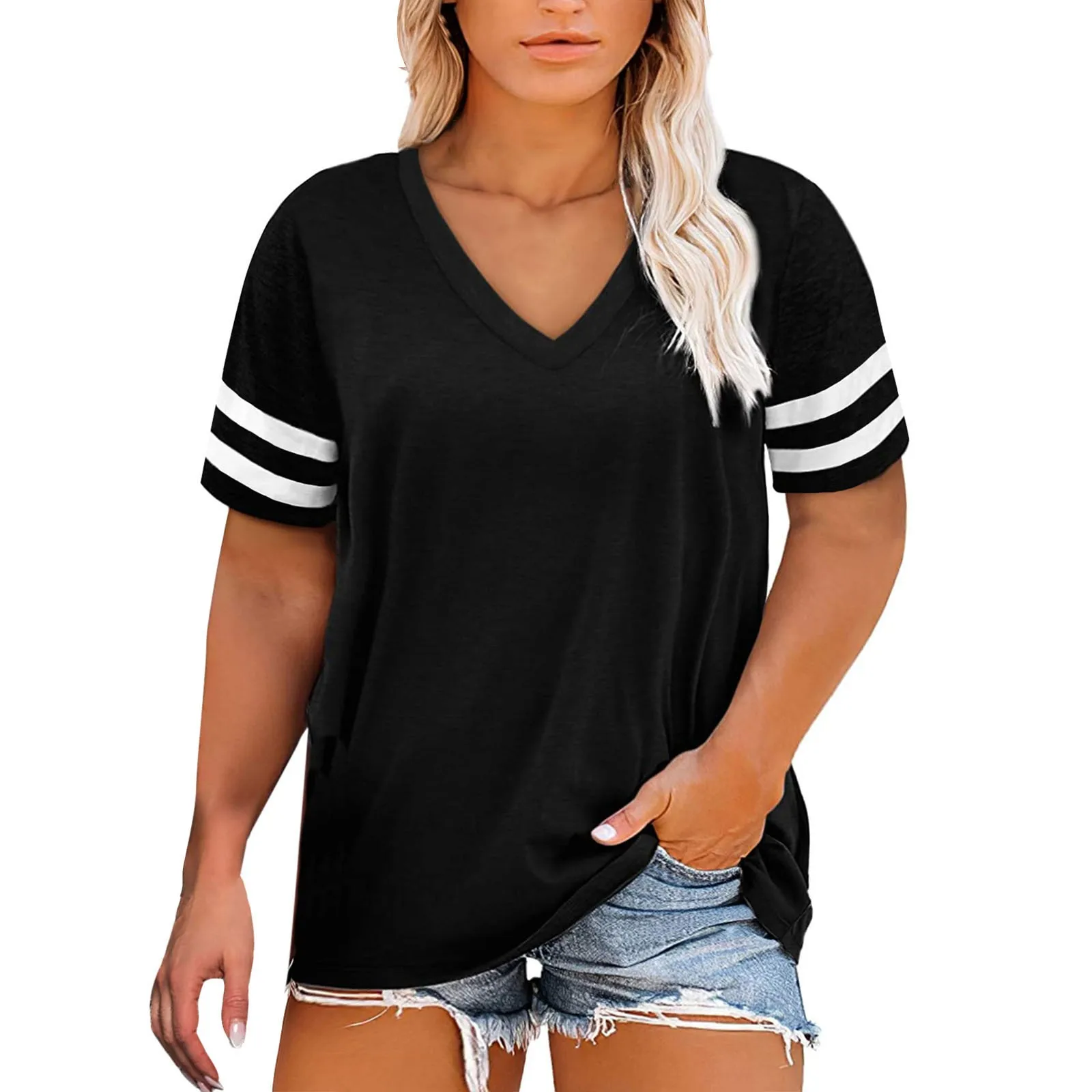 

Ladies Casual Loose T Shirt V Neck Solid Color Running Long Sleeve Shirt Women Cotton Summer Tops for Women Polyester Tees Women