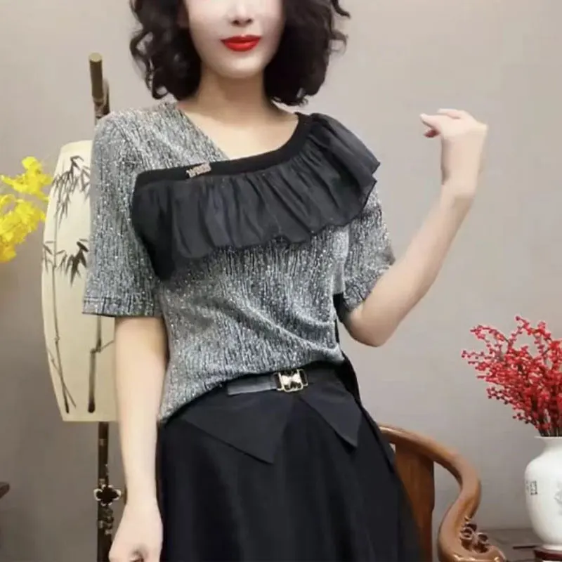 Women's Clothing Ruffles Spliced Shirt Fashion Irregular Asymmetrical Summer Korean Bright Silk Slim Elegant Skew Collar Blouse