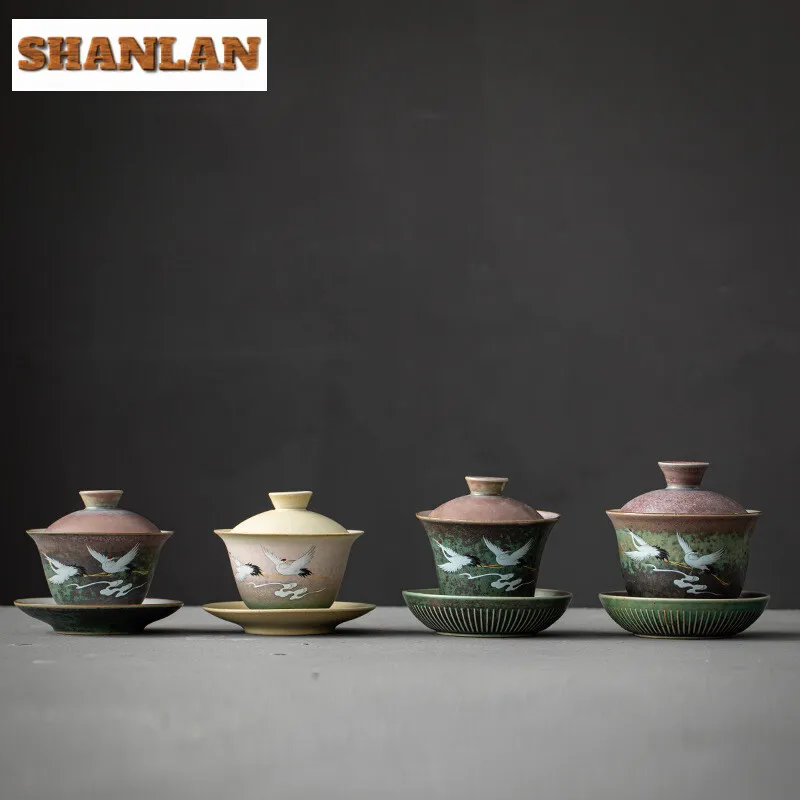 Chinese Kiln Change Gaiwan Antique Colorful Crane Three Talented Tea Tureen Japanese Tea Brewing Cover Bowl Services Gift