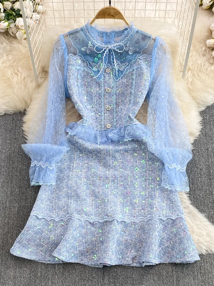

Elegant Women's Tweed Dress 2023 New Luxury Style Blue Mesh Long Sleeve Patchwork Fashion Sequined Tweed Mini Party Dresses