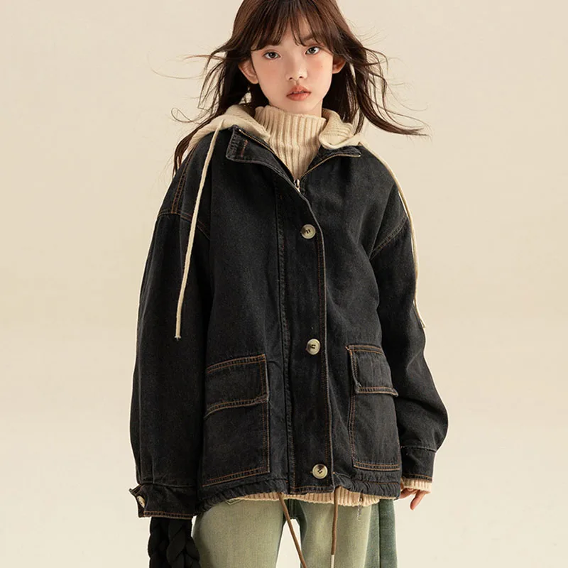 

Girls' denim jacket 2023 new autumn/winter hooded thick top children's plush denim jacket 7-91
