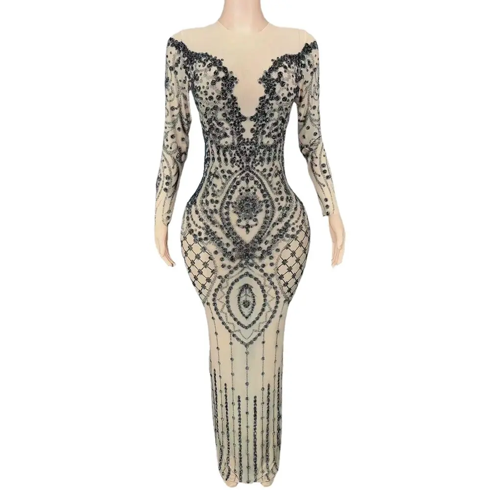 

Sparkly Rhinestones Long Dress Sexy Mesh See Through Long Sleeve Celebrate Prom Evening Birthday Dress Women Singer Show Wear
