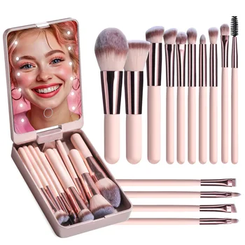 14 PCS Makeup Brush Set With Illuminated Mirror Portable Short Handle LED Light USB Rechargeable Makeup Brushes Kit