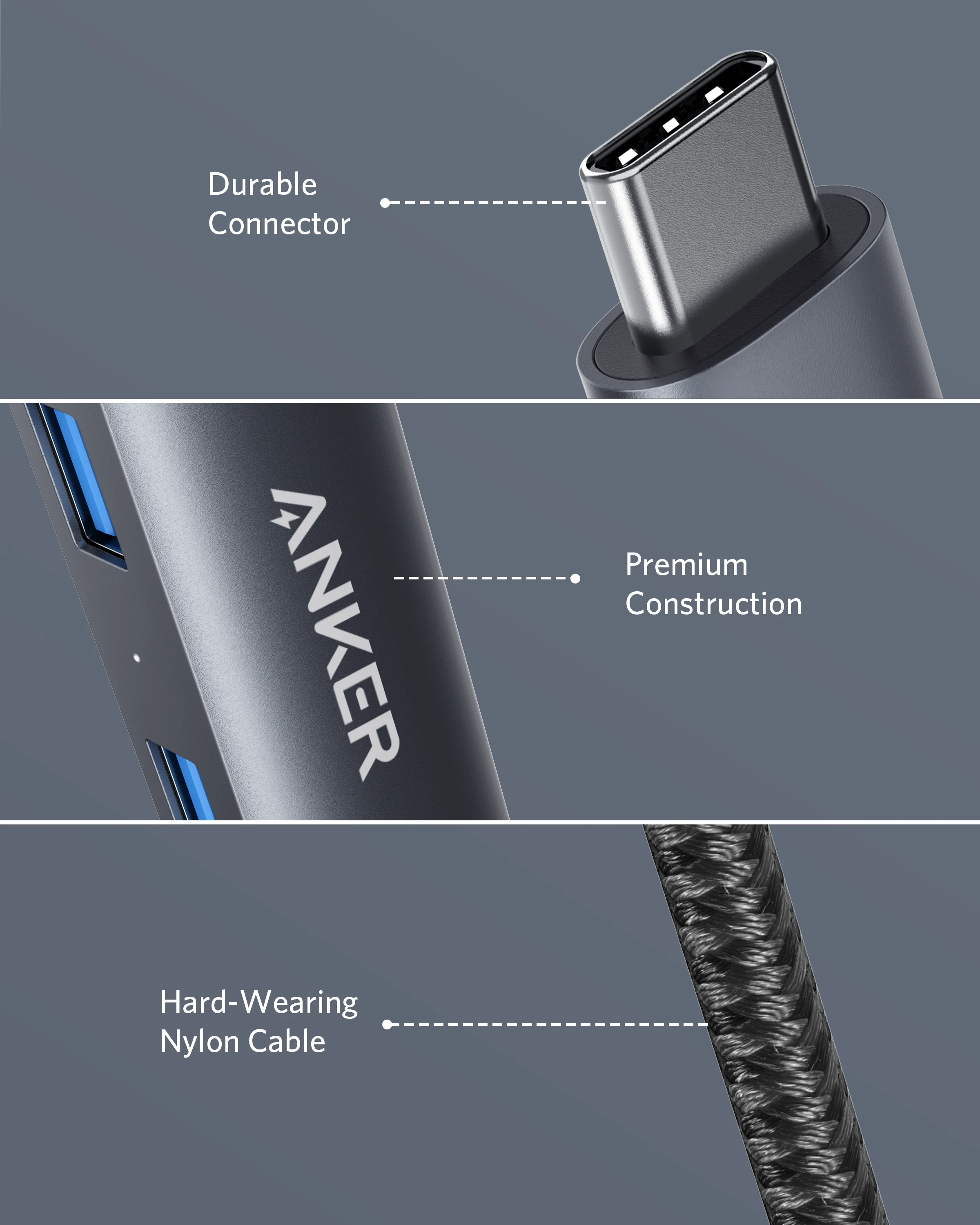 Anker USB 허브 어댑터, 맥북 프로 PC 액세서리용, 이더넷 포트 3 USB 3.0 포트, 4K USB C-HDMI, 5 인 1