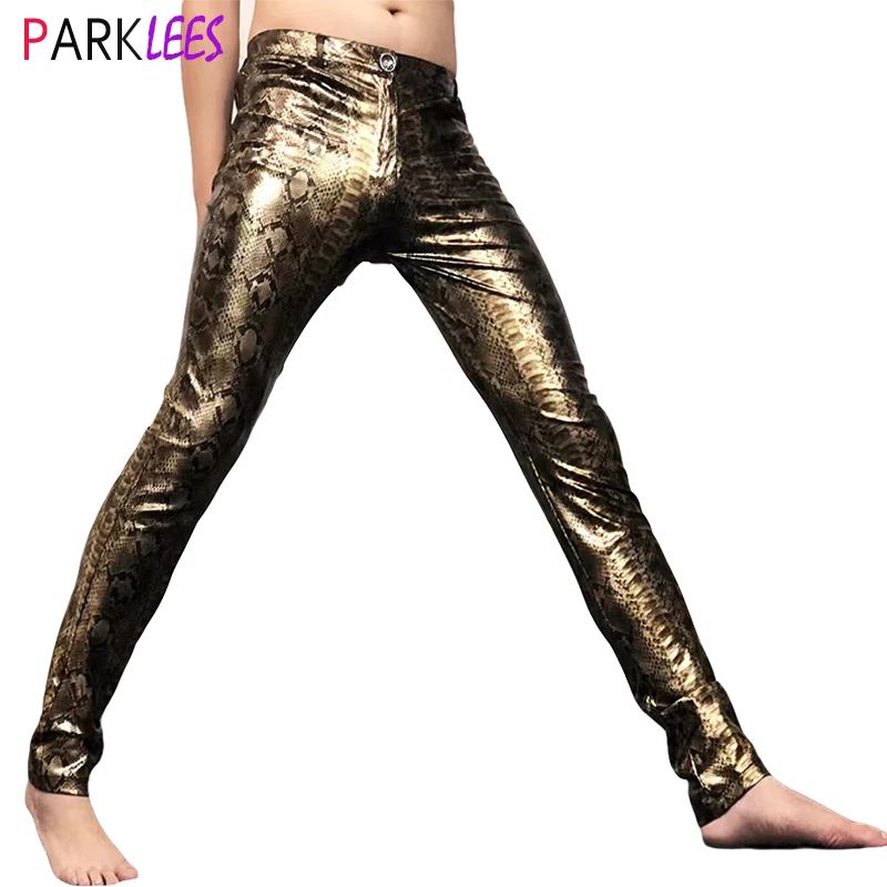 Sexy Gold Snake Metallic Stretch Leather Pants Men Fashion New Nightclub PU Trousers Mens Party Prom Stage Singer Clothing
