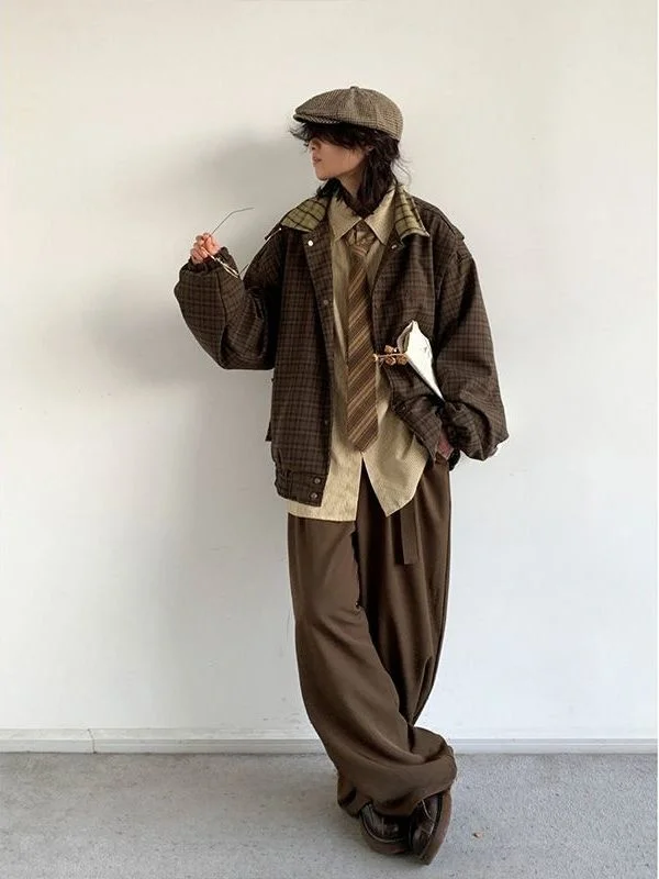 Early Autumn Plaid Jaet Men's Casual Loose Stitching Leisure Set Japanese Retro Sle Youth College Windbreaker Coat