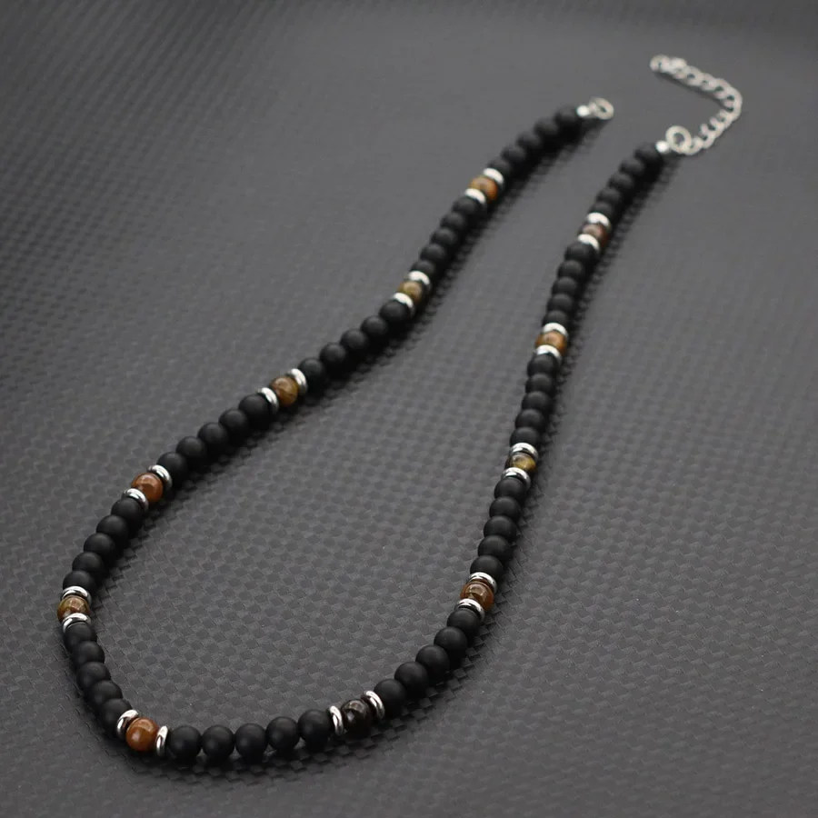 Klassische Naturstein-Halskette für Männer, hochwertiger Onyx, Tigeraugen, Lava, Howlith, Perlen, 19 Zoll, kurzer Kragen, lässiger Homme-Schmuck – Detail 9