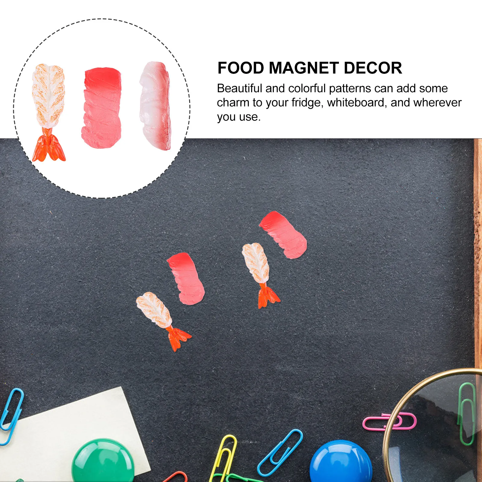 3Pcs 스시 모양의 냉장고 자석 음식 테마 냉장고 장식 주방 캐비닛 화이트 보드 음식에 대한 강력한 접착 수지 자석