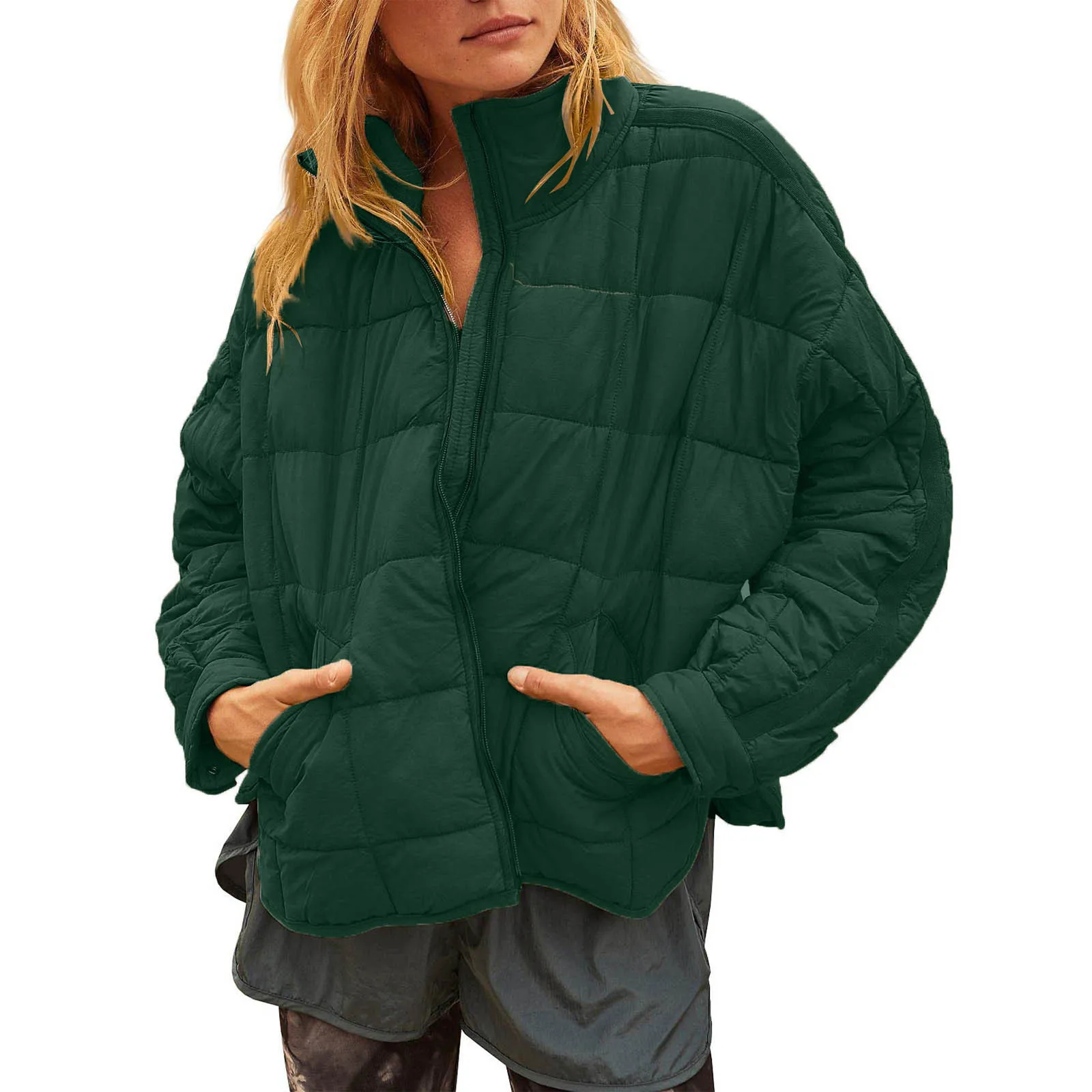 Autumn Winter New European American Women\'s Wear Solid Color Zipper Coat Casual Button Padded Jacket Pocket Top Women